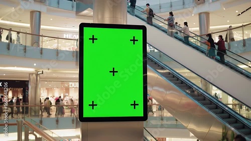 Modern shopping mall with dynamic green screen display for advertising and marketing videos