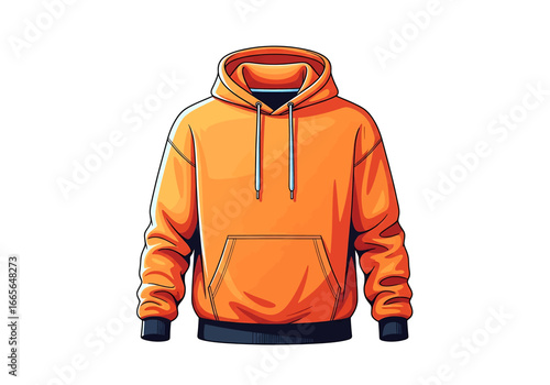 Illustration of an orange hoodie with a kangaroo pocket, drawstring hood, and dark blue cuffs and hem, isolated on a white background.
