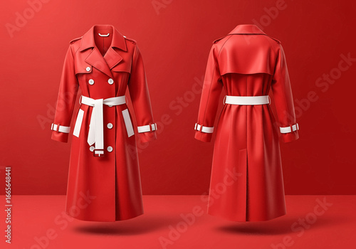 Front and back view of a red double-breasted trench coat with a white belt, floating against a matching red background.