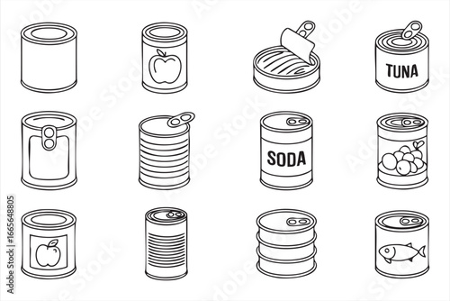 Packaging and Storage Vector Icons – Tin Cans of Tuna, Soda and Food Products