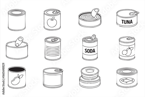 Grocery and Supermarket Canned Food Line Icons – Fruits, Vegetables and Drinks