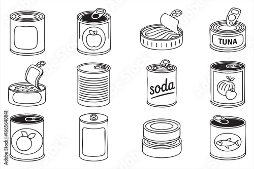 Canned Food and Drink Line Icon Set – Tuna, Soda, Vegetables and Fruits Symbols