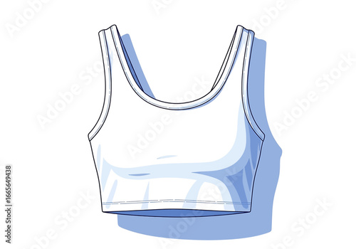 A white sports bra with thick straps and a scoop neckline, casting a blue shadow on a white background.