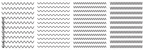 Wavy and zigzag lines pattern with ripples and squiggly strokes. Dynamic serrated curves. Flat vector illustration isolated on white background. Black underlines wavy curve zig zag line pattern.Eps 10