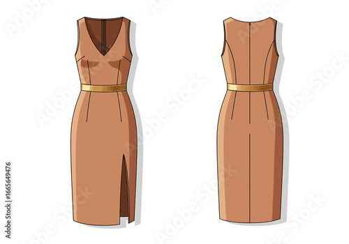 Illustration of a sleeveless, tan sheath dress with a V-neck, gold belt, and a slit, shown from the front and back.