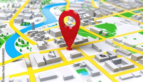 3D city map with red location pin centered over white buildings, yellow roads, and winding river—symbolizing navigation, urban planning, and pinpointed destination in digital mapping.
