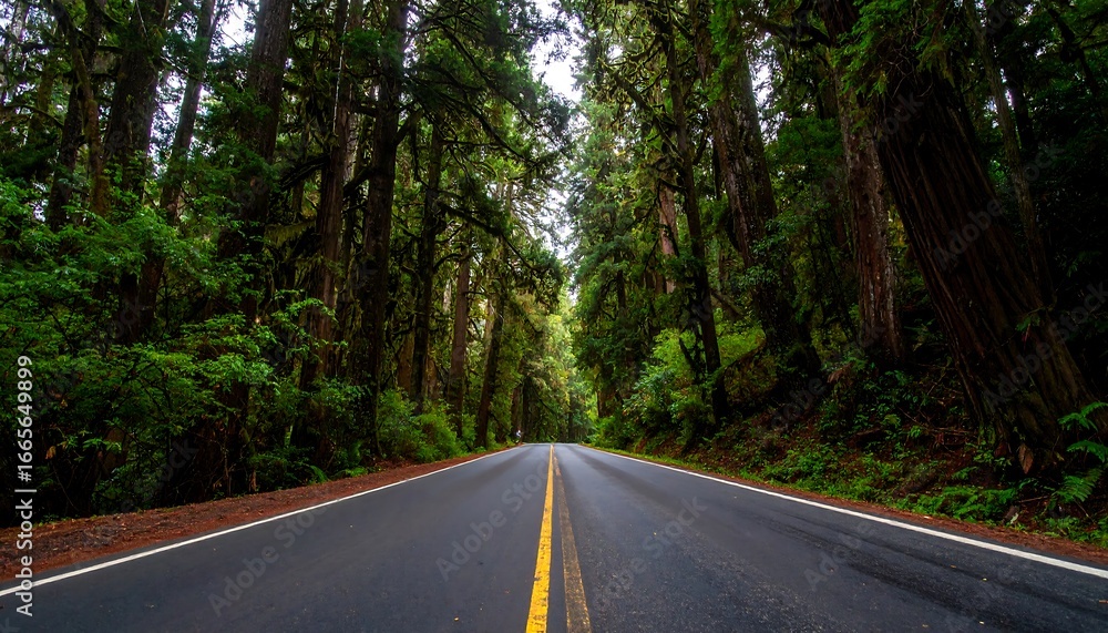 Obraz premium A paved road winds through a dense forest of towering trees, creating a serene and majestic scene.