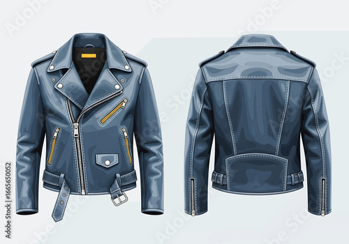 Stylish Leather Jacket: A captivating showcase of a modern leather jacket design, with front and back perspectives, epitomizing classic fashion and enduring style.