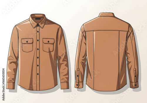 Classic Shirt Design: An elegant two-perspective rendering of a button-down shirt. Demonstrating fashion design, it's suitable for showcasing apparel, style or menswear.