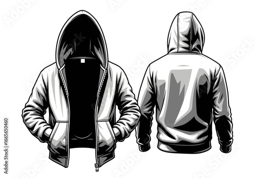 Vector illustration of a blank hooded sweatshirt, shown from the front with an open zipper and from the back.