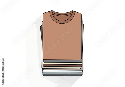 Stacked t-shirts, A neat stack of folded t-shirts in various solid colors. Perfectly organized, clean, modern graphic with long shadow.