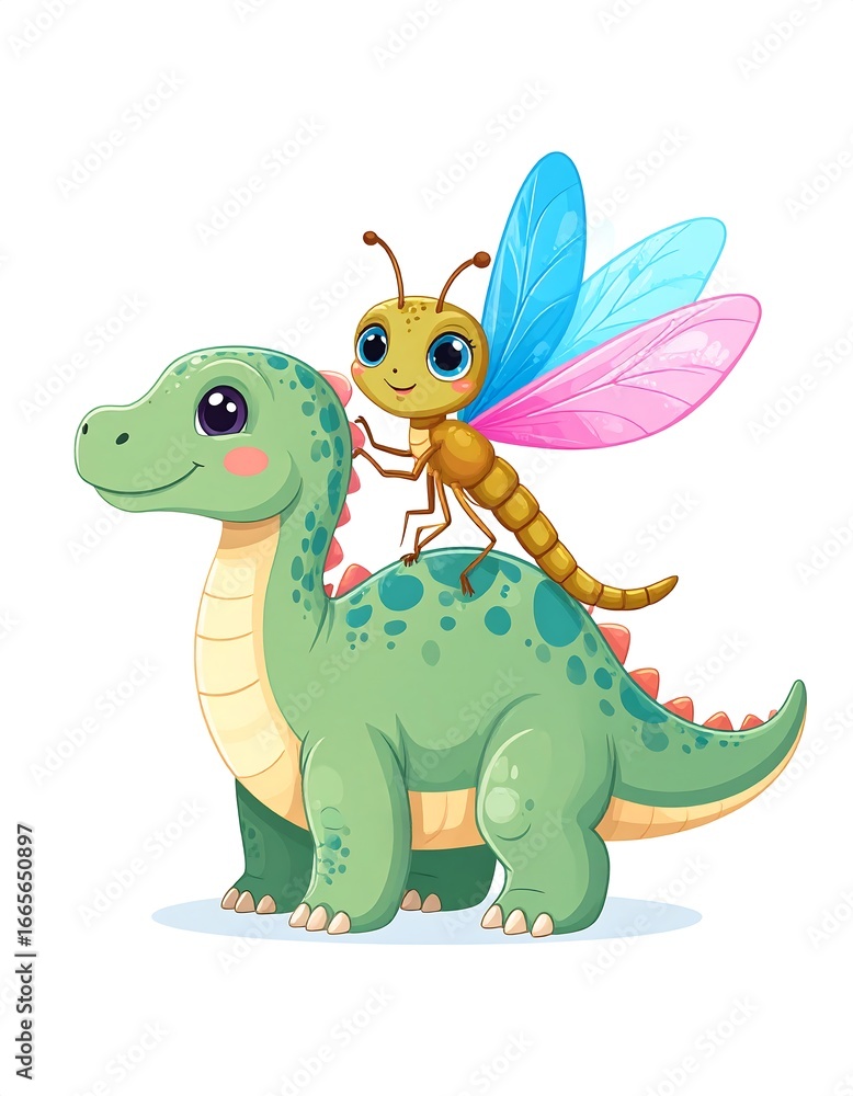 Fototapeta premium Cute dinosaur with dragonfly