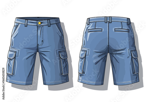 Shorts Front and Back View: Illustrative depiction of denim shorts, capturing both the front and back aspects, ready for your design needs.
