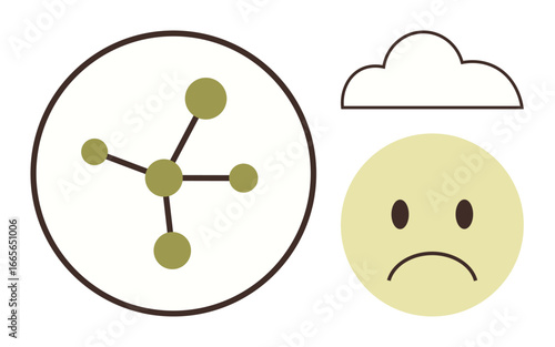 Circular network diagram, sad face, thought cloud expressing mental state, connection, self-reflection. Ideal for psychology, mental health, therapy, stress depression emotional dynamics social
