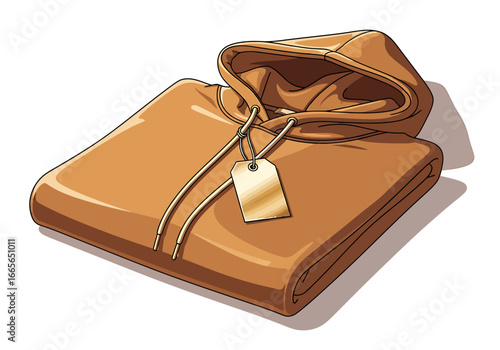 Folded brown hooded sweatshirt with drawstrings and a blank tag, casting a soft shadow on a white background.