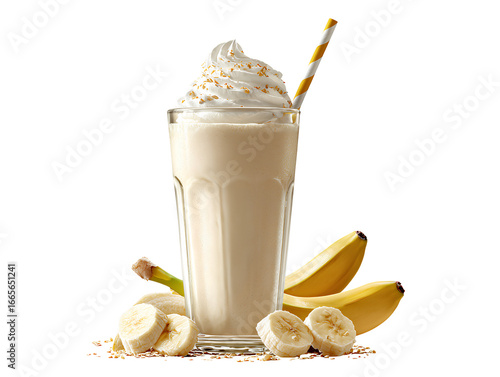 Banana milkshake topped with whipped cream and sprinkles isolated on a transparent background