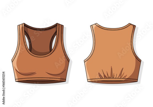 Illustrating a Brown Sports Bra, Subject: Activewear, Location: Design Studio, Content Type: Digital Art, Viewpoint: Front and Back View