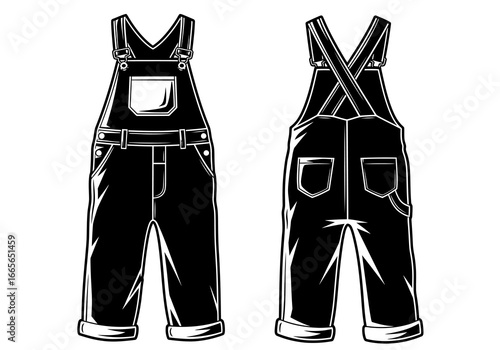 Overall Overalls: A timeless illustration showcases the design of the classic overall, displaying both the front and back views. Ideal for any visual project in the design and fashion fields.