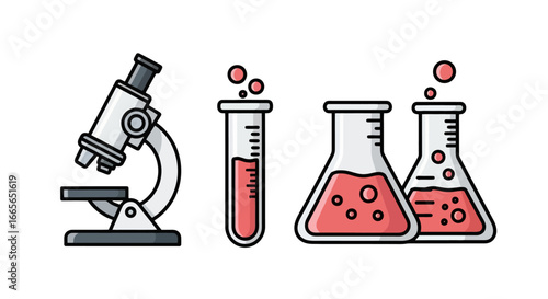 Scientific Research and Experimentation Illustration Featuring Microscope and Laboratory Beakers for Educational Materials and Medical Presentations