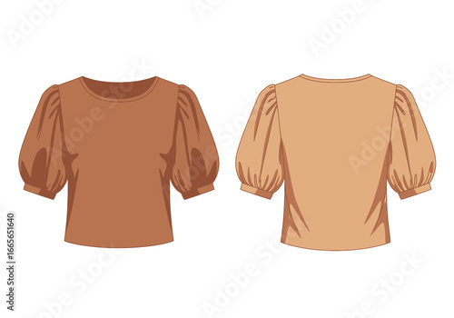 Stylish Blouse Presentation: Front and back view of a tan-colored stylish blouse, showcasing its design details and silhouette. It is a flat, clean.