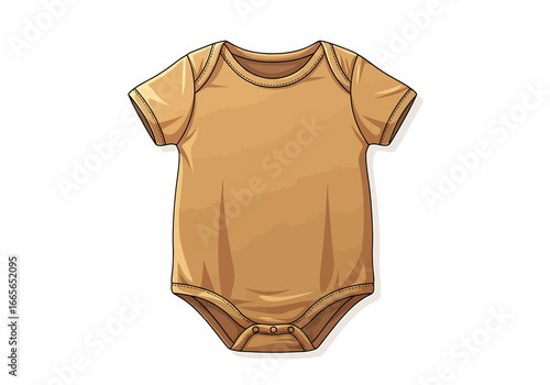 Child’s Bodysuit in Mustard Yellow: This eye-level illustration displays a mustard yellow, short-sleeved baby bodysuit. 