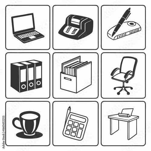 A collection of nine black and white icons representing essential office supplies and equipment including a laptop calculator desk chair filing cabinet folders and a coffee cup