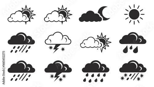 Collection of weather icons showing sun clouds rain lightning snow and crescent moon for forecasting and meteorological applications