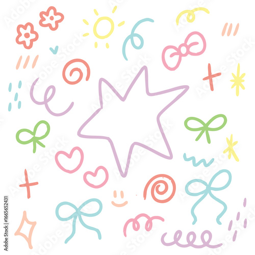 Star and Ribbon Doodle Set Vector Illustration