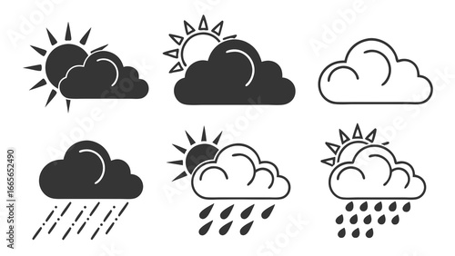 A collection of six weather icons representing different atmospheric conditions including sunny with clouds partly cloudy cloudy heavy rain and light rain with sun