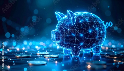 A digital piggy bank symbolizes the future of finance and technology. It depicts the intersection of traditional savings with modern technology. Money background. Digital Piggy Bank: Future of Finance
