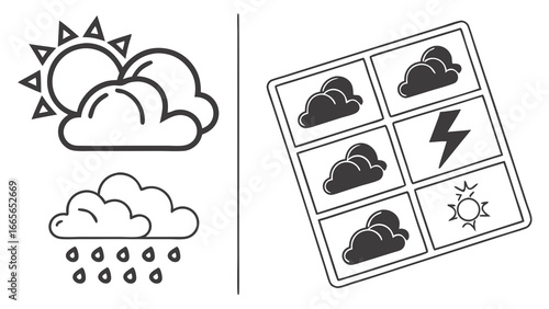 A collection of weather icons including a partly cloudy sun rain clouds and a panel displaying various weather conditions like clouds lightning and sunshine