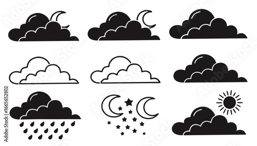 A collection of weather icons featuring clouds with moons stars rain and a sun presented in both silhouette and outline styles for versatile design applications