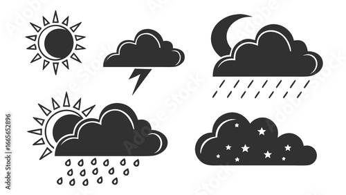 A collection of black and white weather icons featuring the sun clouds rain lightning moon and stars symbolizing different atmospheric conditions and forecasts