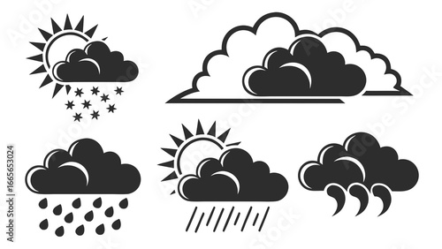 A collection of weather icons featuring the sun behind clouds with rain snow and overcast conditions symbolizing various meteorological forecasts