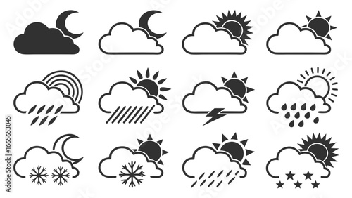 A collection of twelve weather icons representing various meteorological conditions including cloudy partly cloudy sunny rainy snowy and stormy weather with sun and moon elements