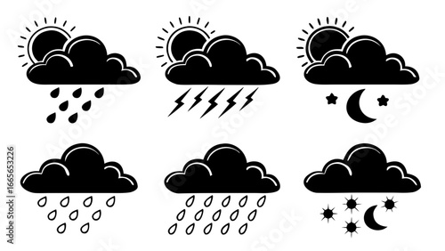 Set of six black and white weather icons depicting various meteorological phenomena including rain thunderstorms and nighttime conditions with clouds sun moon stars and lightning bolts