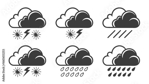 Collection of weather icons depicting thunderstorms with sun and lightning light rain and heavy rain with dark clouds against a white background