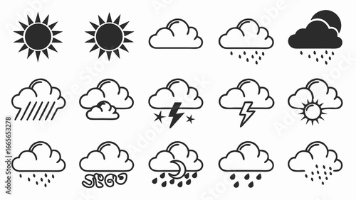 A collection of simple black and white weather icons depicting sunshine rain thunderstorms and cloudy conditions with a crescent moon