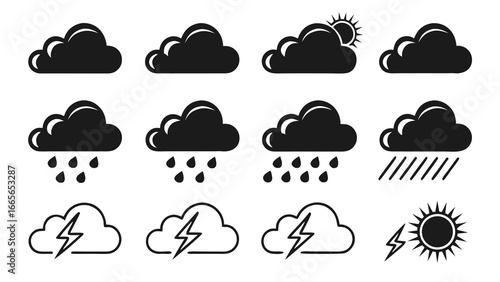 Collection of weather icons featuring various cloud formations rain sun and lightning bolts representing different meteorological conditions and forecasts
