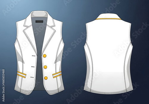 Elegance in Vest: An illustration presenting the front and back views of a pristine white vest. The design shows attention to details.