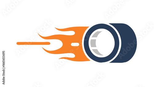 A stylized illustration of a dark blue tire with a white rim and gray accents engulfed in bright orange flames symbolizing speed and motion against a stark black background