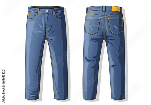 Blue Jeans Front and Back View: A vibrant and detailed illustration of classic blue jeans showcasing both the front and back perspectives, emphasizing the quality, style.