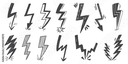 Hand drawn doodle thunderstorm lightning spark voltage electric shock scribble. stock illustration