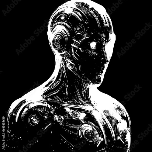 Minimalist black and white vector icon of a futuristic AI humanoid robot in cyberpunk style. Perfect for logos, stickers, and digital use.