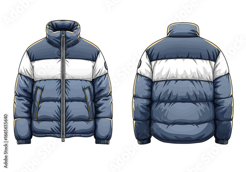 Illustration of a blue and white puffer jacket, displayed in front and back views, featuring a zipper and striped design.