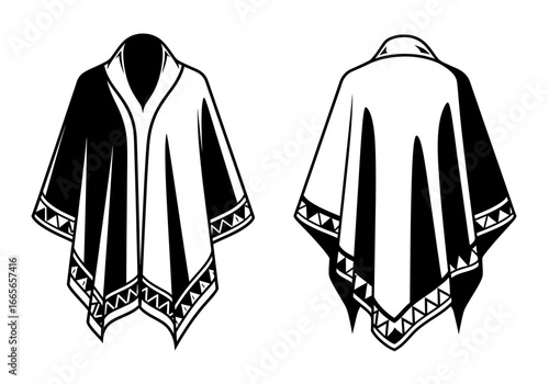 Poncho Designs: A stark, detailed monochrome illustration showcases front and back views of an intricately patterned poncho, embodying cultural significance and sartorial artistry.