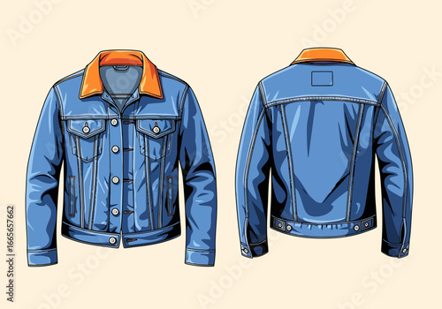Denim Jacket Fashion Statement: A detailed front and back illustration of a stylish denim jacket, a timeless wardrobe staple, perfect for fashion-related content.