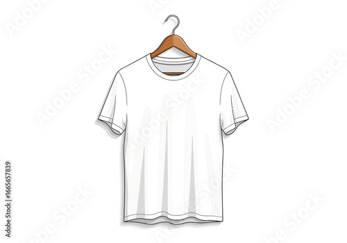 Classic T-shirt on Wooden Hanger: A blank, short-sleeved cotton t-shirt elegantly suspended from a classic wooden hanger, representing simplicity, fashion, and style
