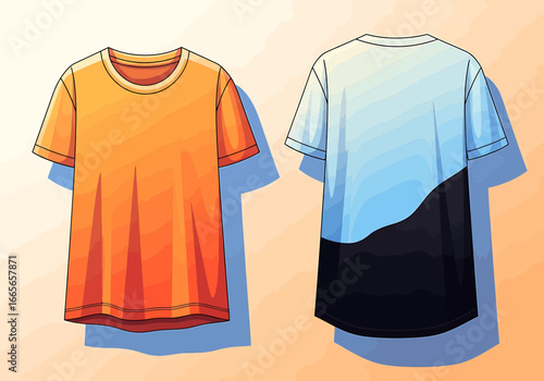 Colorful Tee Design: A vibrant front and back view of a tee, showcasing a solid orange hue on the front and a dynamic gradient design on the reverse, symbolizing fashion, art and everyday style.