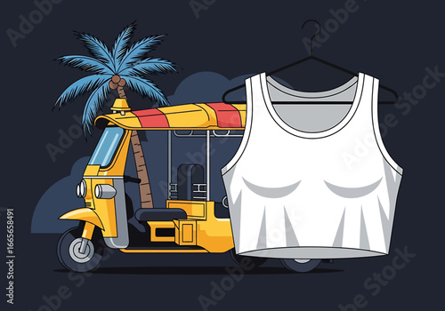 Tropical Travel and Fashion: A vibrant composition featuring a tuk-tuk, a palm tree, and a stylish top, representing a perfect fusion of travel and fashion.